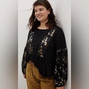 Anthropologie neale Sequin Peplum Top Extra Large puff sleeve ruffles black gold